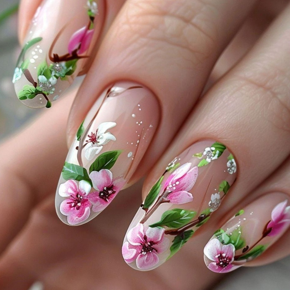 Pressed Flower Art - Juego de uñas postizas acrílicas naturales