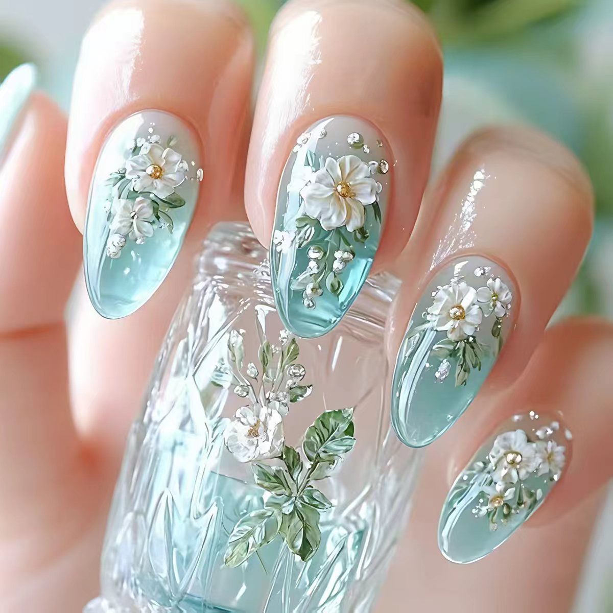 Pressed Flower Art - Uñas postizas medianas para mujeres y