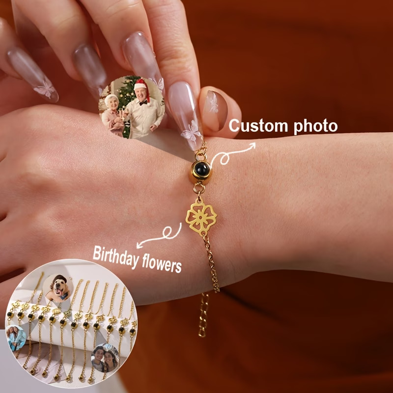 Birth Flower Necklace - Pulsera Personalizada con Foto, Cadena de
